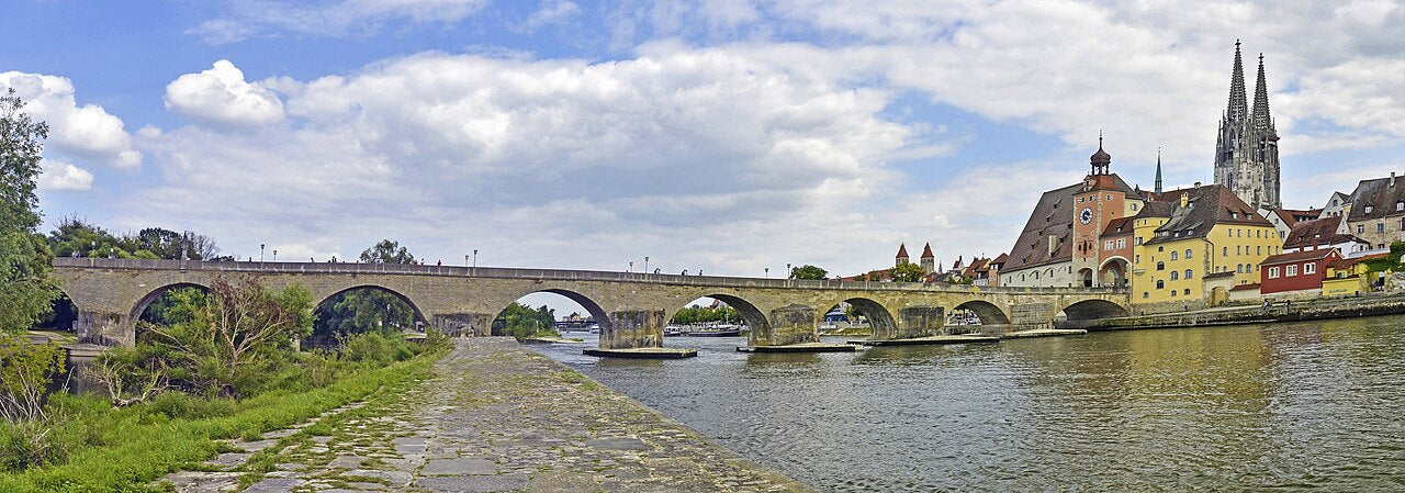 Panoramablick auf die Ausflugsziele in Regensburg mit Steinerner Brücke und Altstadt-Silhouette