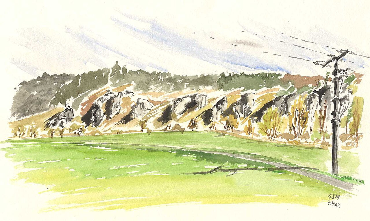 Geheimtipps Altmühltal: Aquarell der Felsformation Zwölf Apostel bei Solnhofen